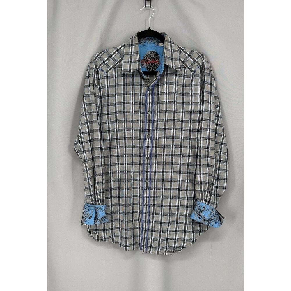 Robert Graham Shirt Mens Large Gray Plaid Long Sleeve Flip Cuff Embroidered